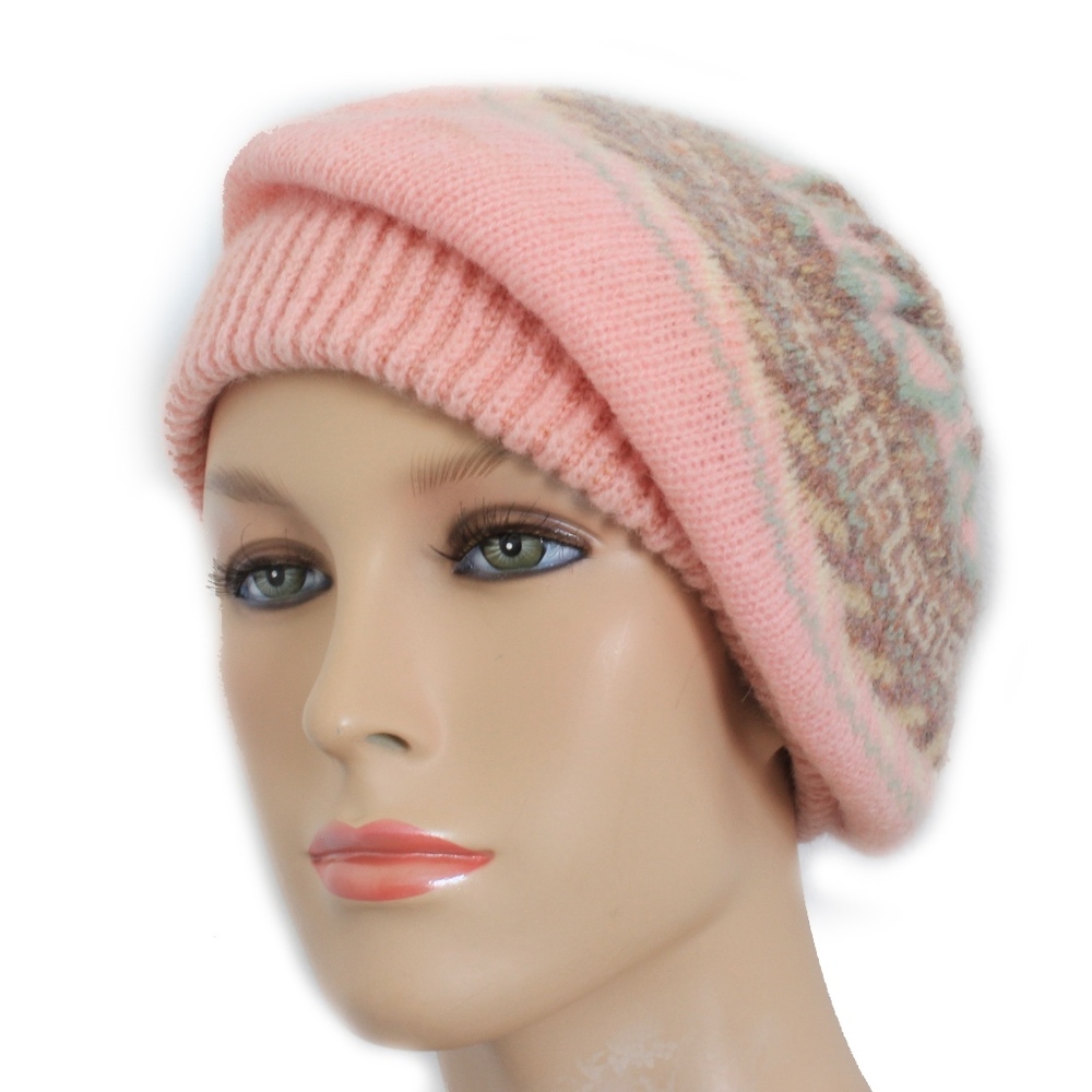 Bill Blass Hat Beret Wool Mohair Knit Pink Gray Vintage 70s Rare